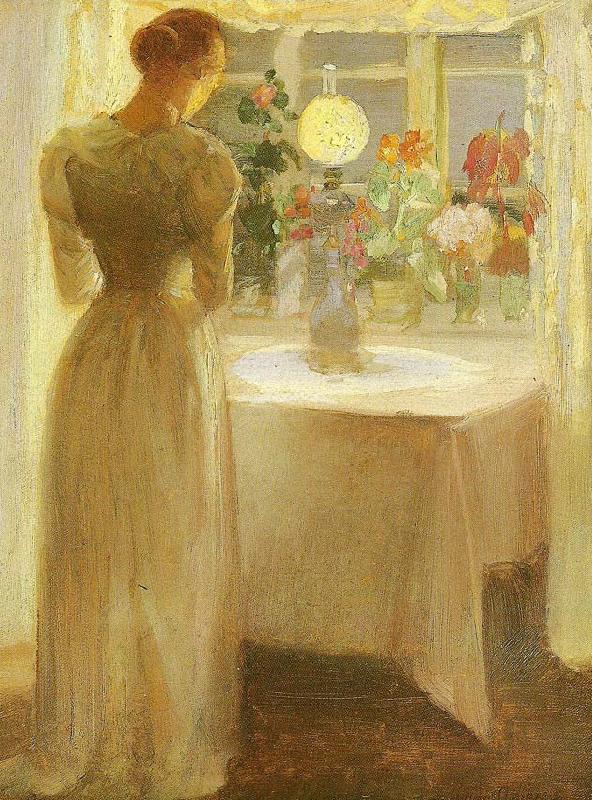 Anna Ancher ung pige foran en tandt lampe oil painting picture